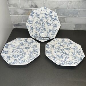 NEW 3 Grace Teaware Blue Rose Octagonal Desert Plates with Raised Beaded Edge